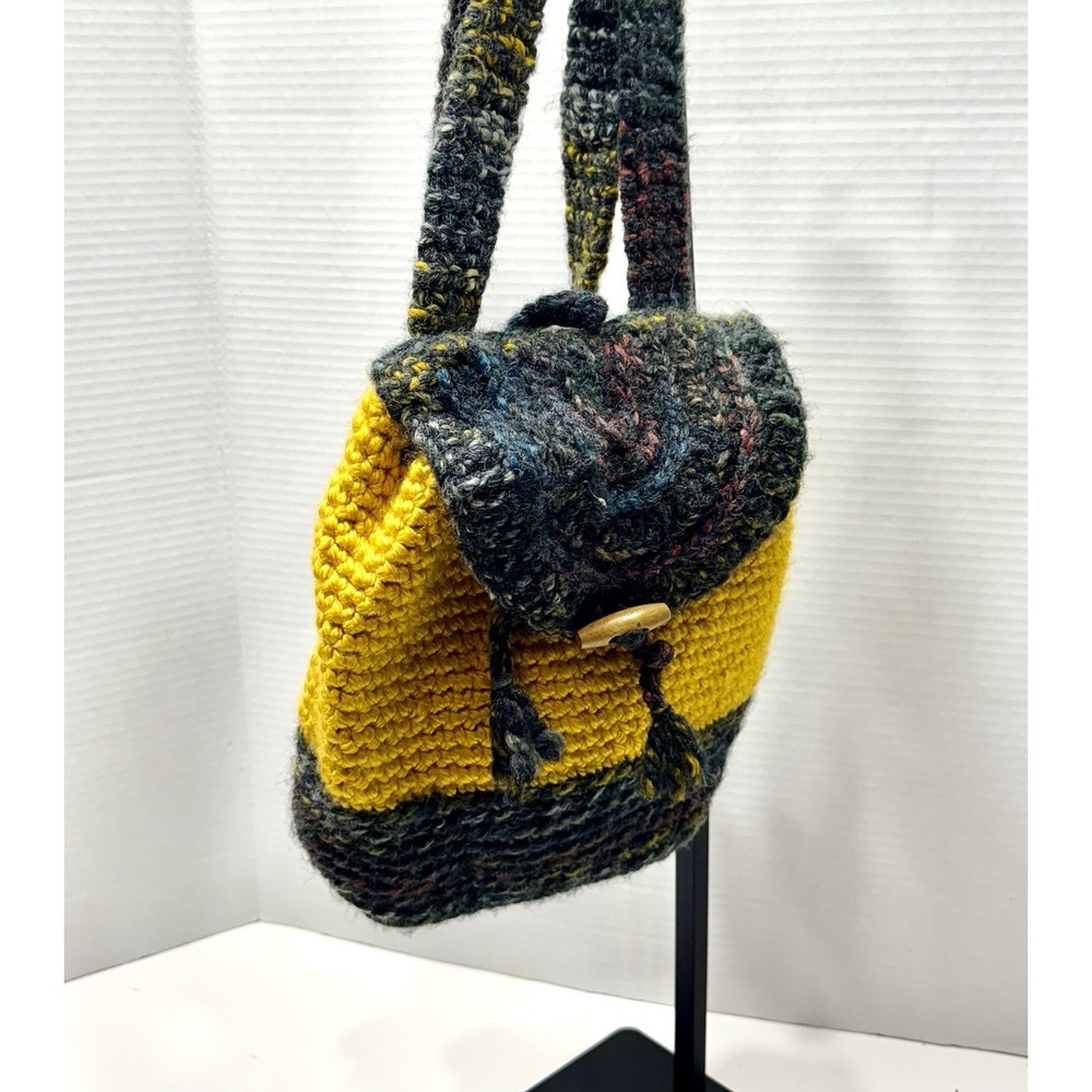 UNIQUE Crochet Backpack W/hair Ties 70s Festival Hippie Blue-Yellow Boho Bag